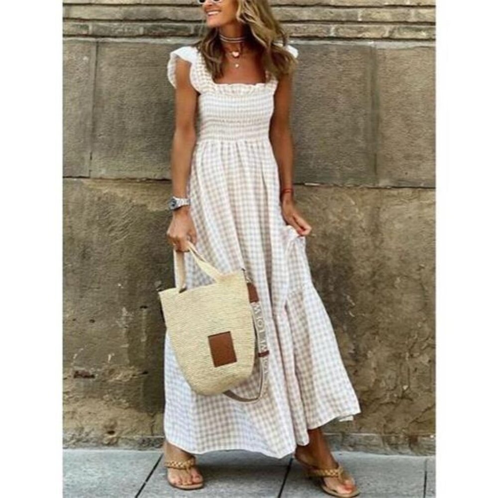 Plaid Ruffle Sleeve Maxi Dress